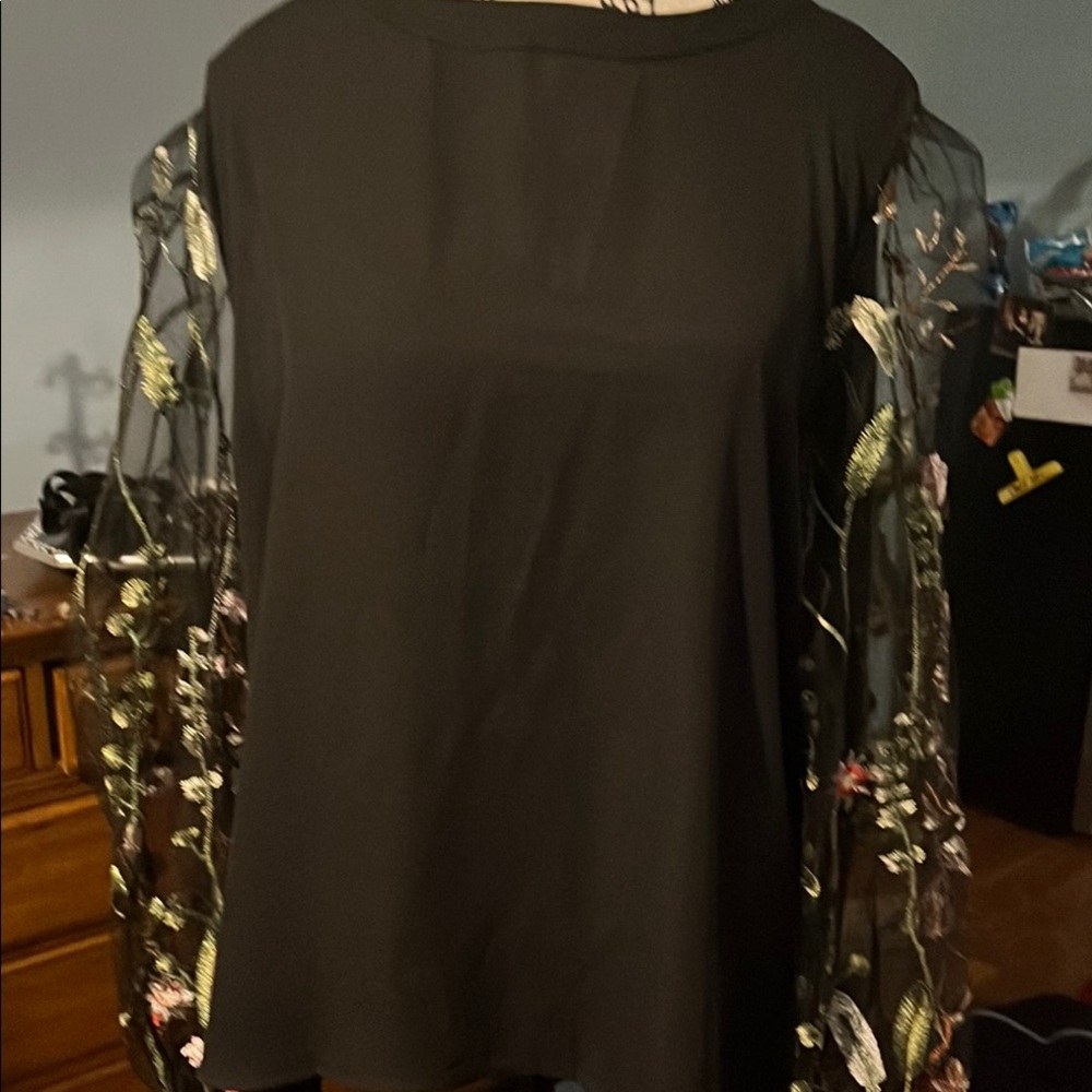 Black Top with Sheer Floral Sleeves